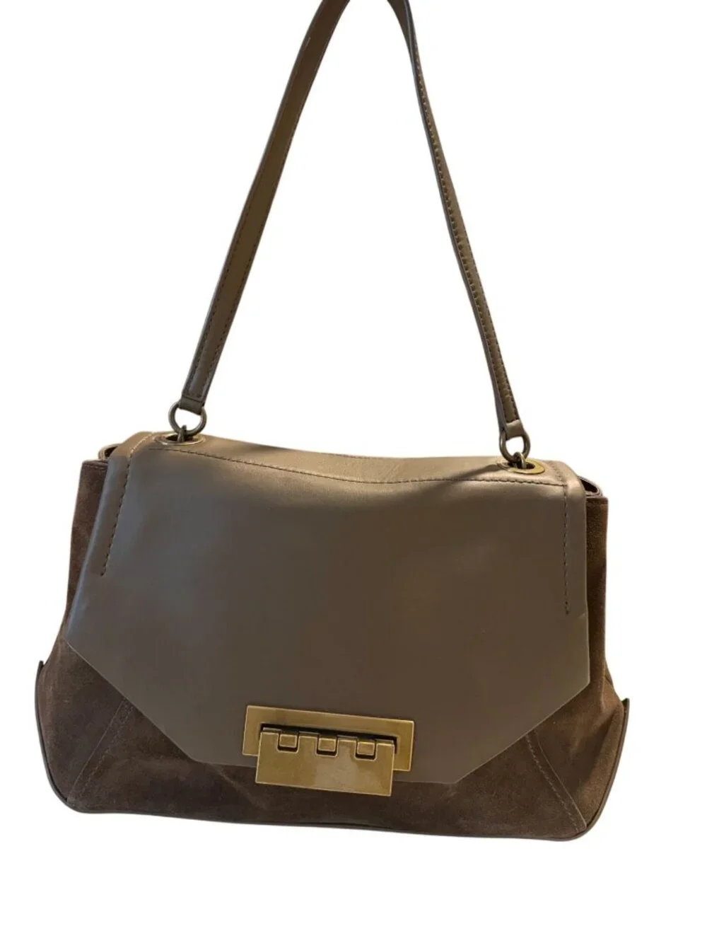 Zac Posen Eartha Brown Leather Suede Envelope Flap Brass Hardware Shoulder Bag